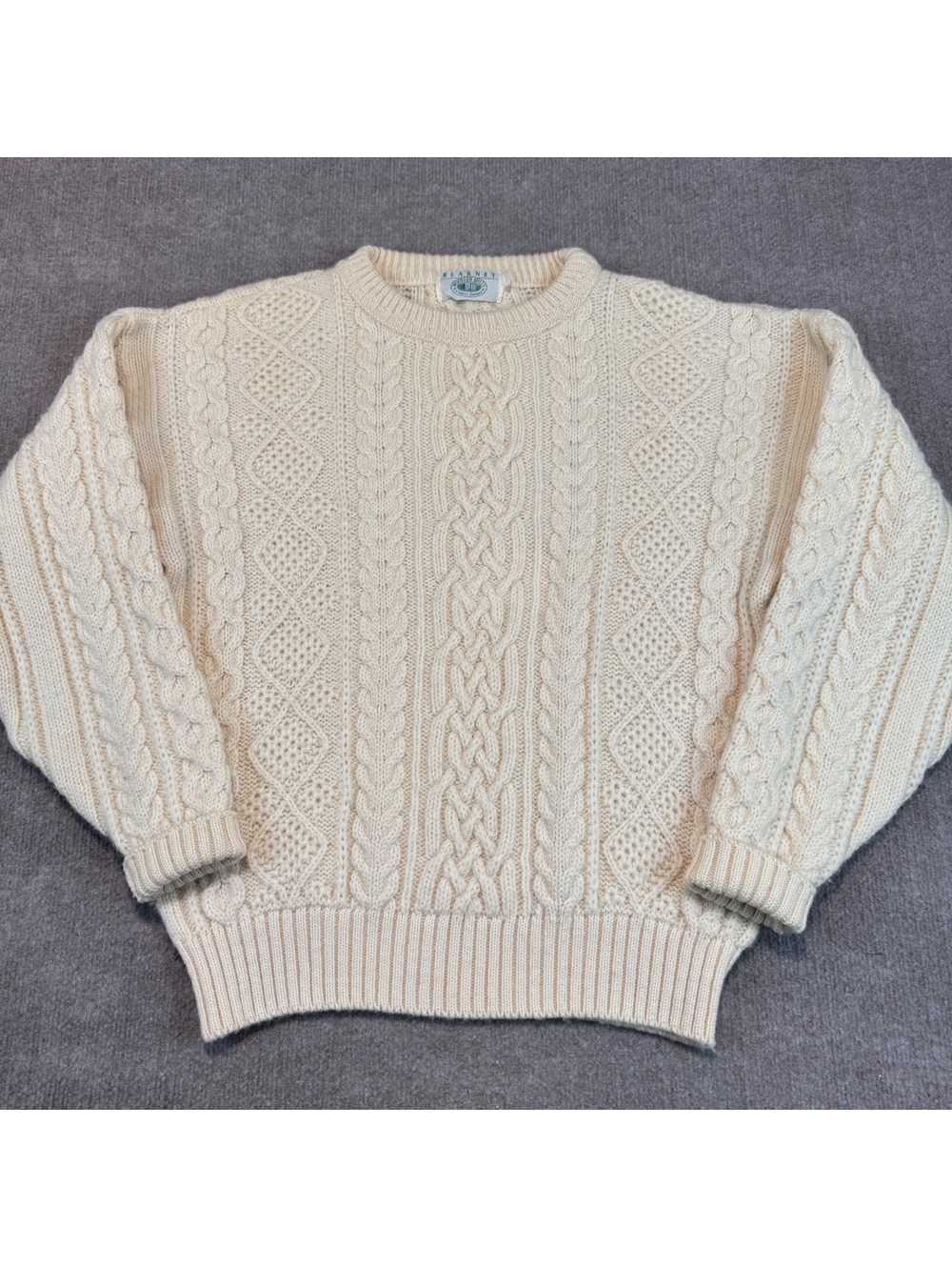 Blarney Woollen Mills Cream Fisherman Sweater Wool Aran Vintage Scotland Size L